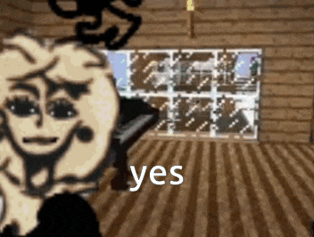 a cartoon character is standing in front of a piano in a room with the words yes written on the floor .