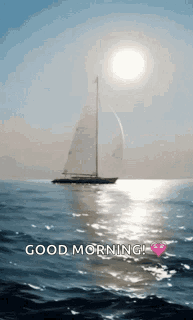 a sailboat is floating on top of a body of water with the sun shining on it .