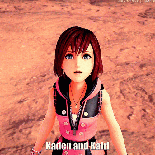 a video game character named kaden and kairi is standing in the desert