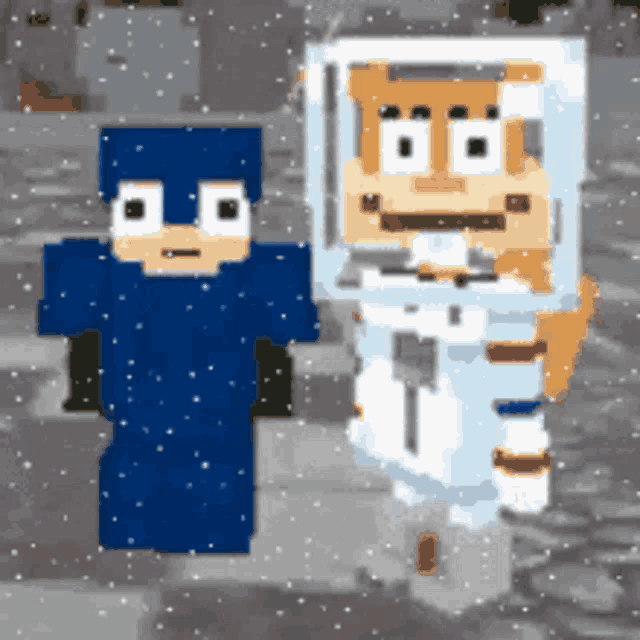 a pixel art of a cat and a spongebob character
