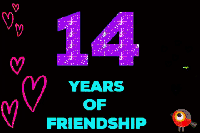 the number 14 is on a black background with hearts and a blue bird