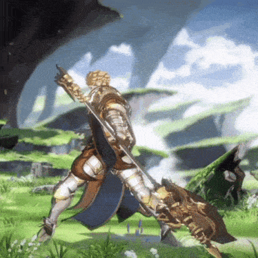 a man in armor holding a large sword in a field