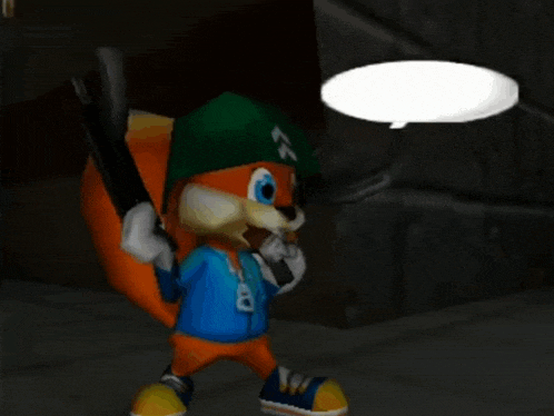 a cartoon fox holding a gun and a speech bubble that says this is a bit different