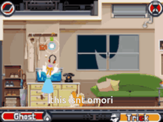 a video game shows a ghost in a living room and says this isnt omori