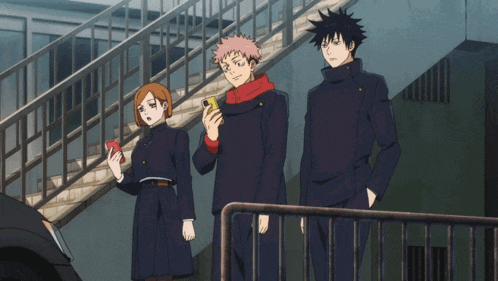 three anime characters are standing next to each other looking at their cell phones