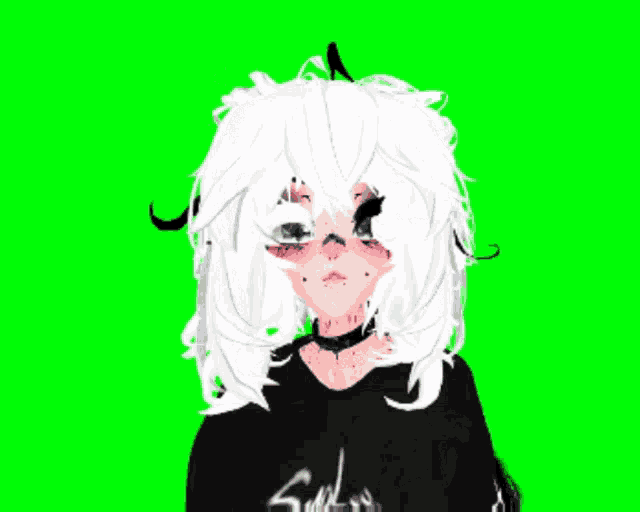 a girl with white hair is wearing a black shirt and a choker