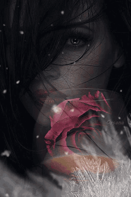 a close up of a woman 's face with a pink rose in front of her mouth