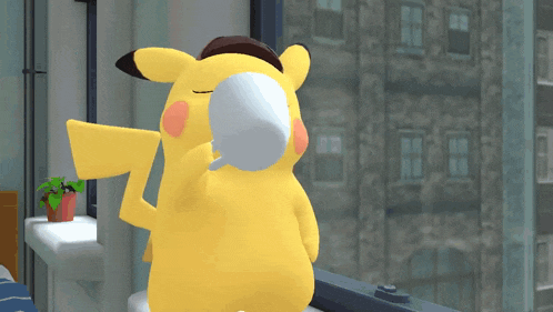 a pikachu is holding a white object in its mouth in front of a building