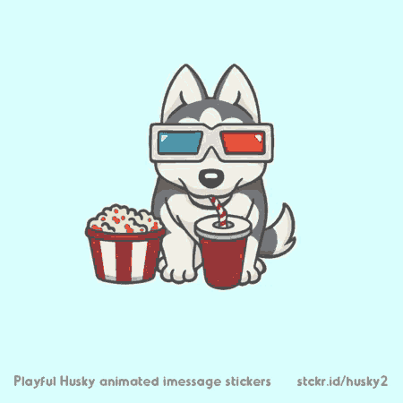 a husky dog wearing 3d glasses is eating popcorn and drinking soda