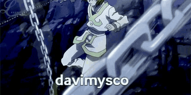 a cartoon character is jumping over a chain with the words davimysco written on it .