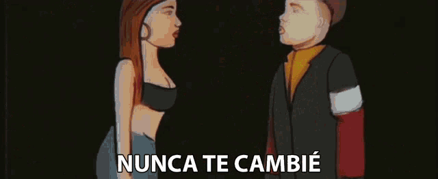 a man and a woman are standing next to each other with the words nunca te cambie written below them