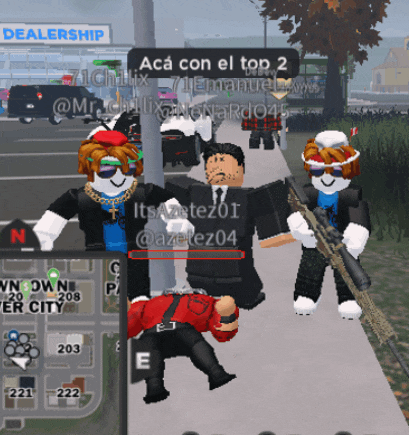 a group of roblox characters are standing on a sidewalk in front of a dealership sign