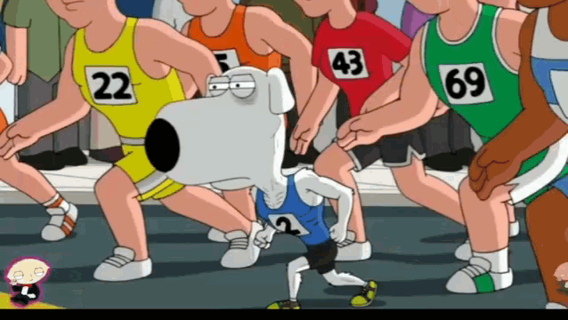 a group of cartoon characters are running a race and one of them has the number 69 on his jersey