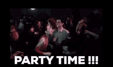 a man and a woman are dancing in a crowd and the words party time are visible