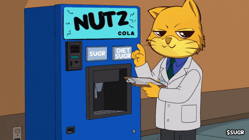 a cartoon cat is standing in front of a vending machine that says ' nuts cola ' on it
