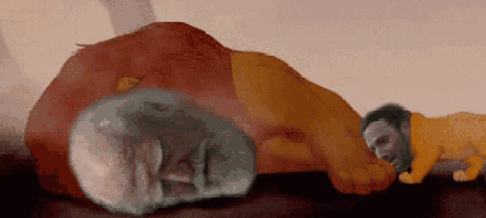 a painting of a man laying on a table next to a large orange object