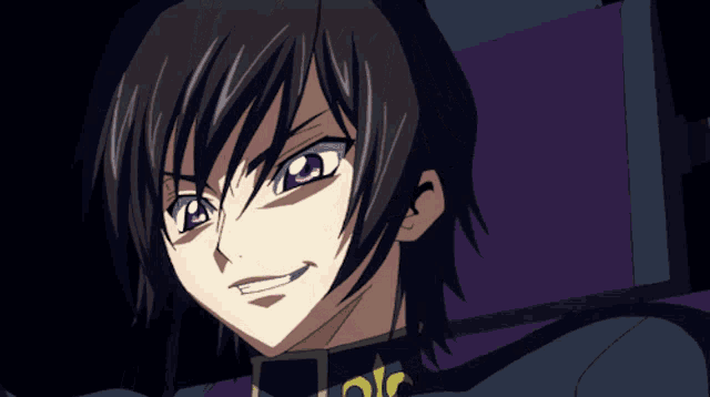 a close up of a cartoon character with purple eyes and a smile on his face