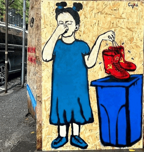 a painting of a girl in a blue dress holding a pair of boots