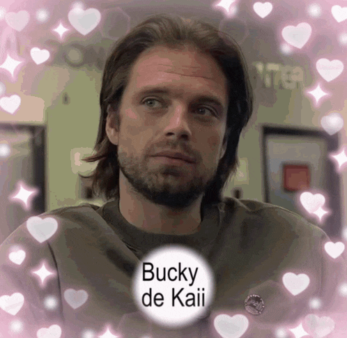 a man with a beard is surrounded by pink hearts and the name bucky de kaii