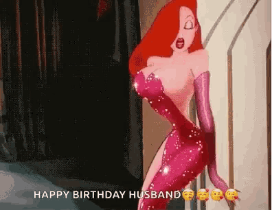 a cartoon woman in a red dress and gloves is standing next to a wall and says `` happy birthday husband '' .