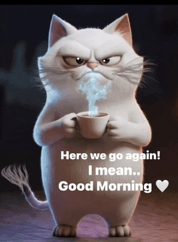 an angry cat is holding a cup of coffee and says " here we go again "