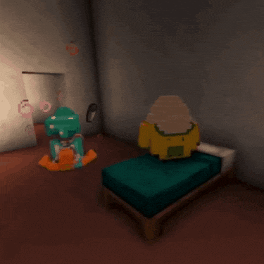 a cartoon character is sitting on a bed in a room with a sign that says 30 on it