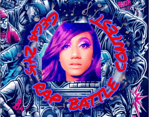 a girl with purple hair is on a poster that says " rap battle "