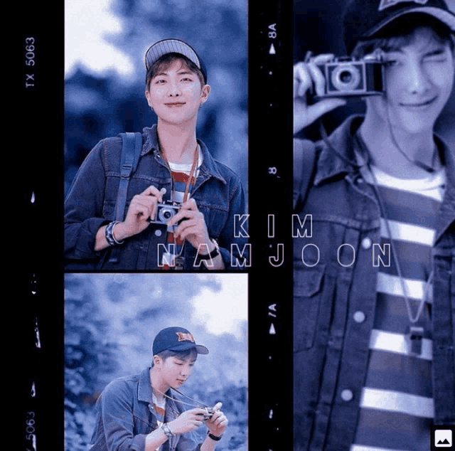 a collage of photos of a young man with the name kim nam joon