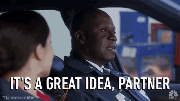 a man is sitting in a car talking to a woman and the words it 's a great idea partner are on the screen