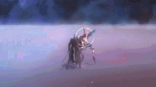 a video game character is standing in the middle of a field with a purple background .