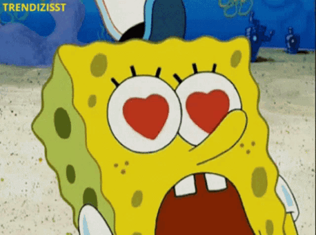 a cartoon of spongebob squarepants with hearts in his eyes