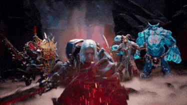 a group of video game characters are standing in a dark cave