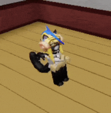 a cartoon character is standing on a wooden floor .