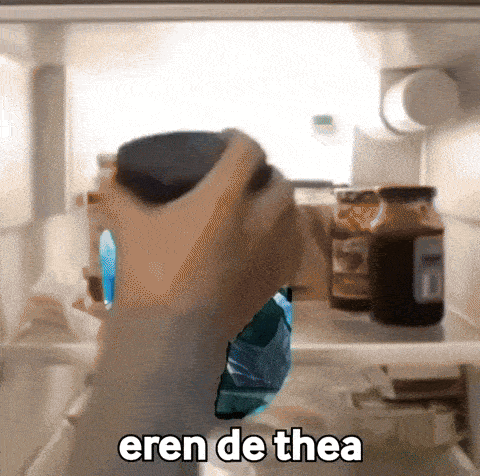 a picture of a person opening a fridge with eren de thea written on it