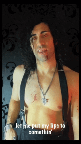 a shirtless man with red eyes and the words " let me put my lips to somethin "