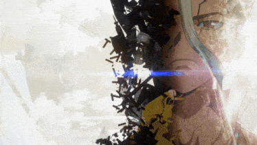 a drawing of a man 's face with a blue light behind it