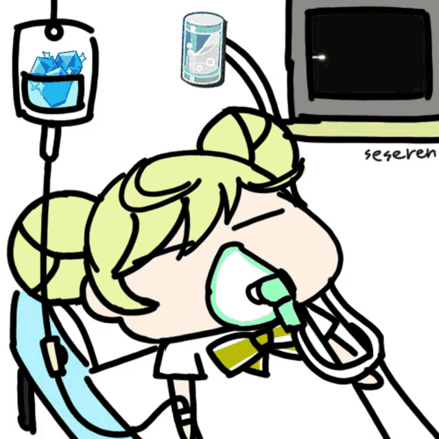 a cartoon of a girl in a hospital bed with an oxygen mask on