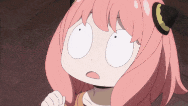 a cartoon character with pink hair and white eyes