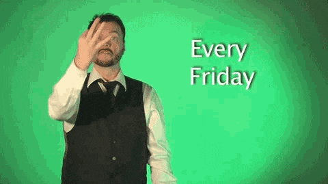 a man in a suit and tie is making a sign that says `` every friday '' on a green background .