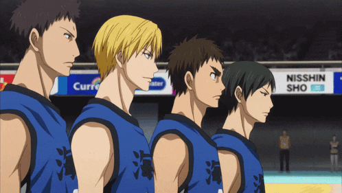 a group of basketball players are lined up in front of a sign that says nisshin sho