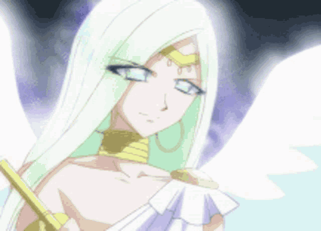 a close up of a cartoon character with white hair