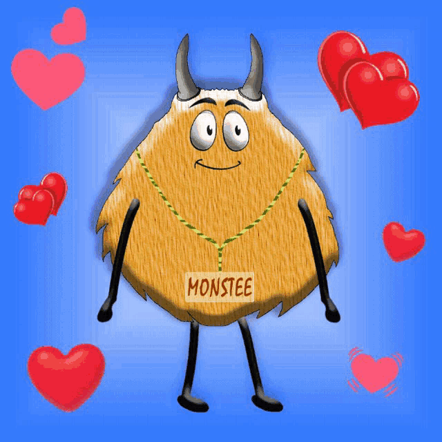a cartoon monster with the name monstee on his chest