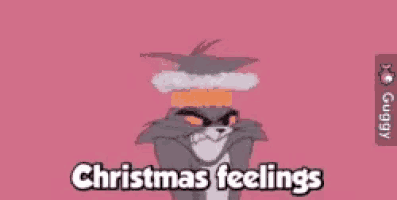 a cartoon cat is wearing a santa hat and saying christmas feelings