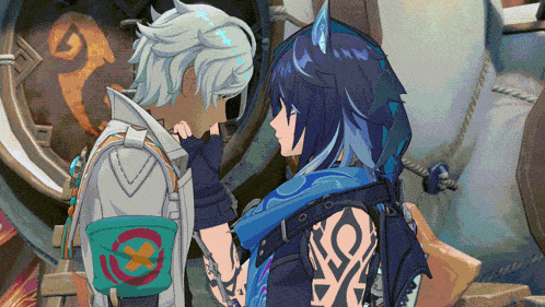a couple of anime characters standing next to each other and one has a tattoo on his arm
