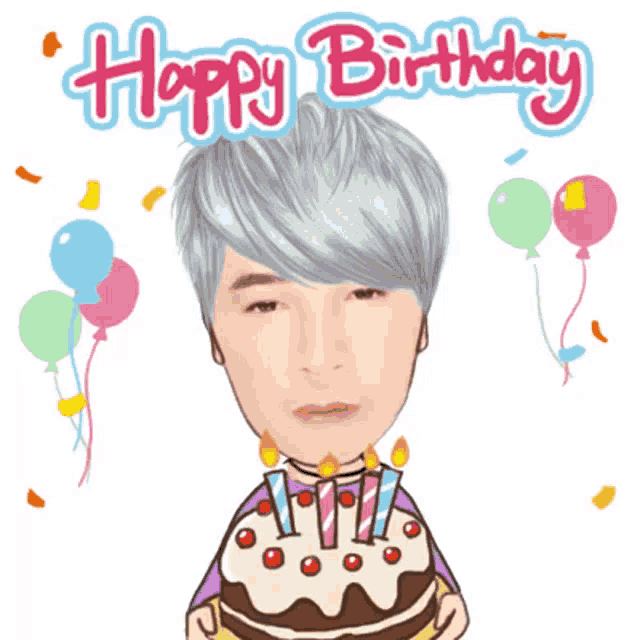 a cartoon of a man holding a birthday cake with candles and the words happy birthday