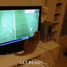 a cat is sitting in front of a television with the words get ready written on it .