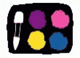 a palette of colorful eye shadows with a brush in the middle .