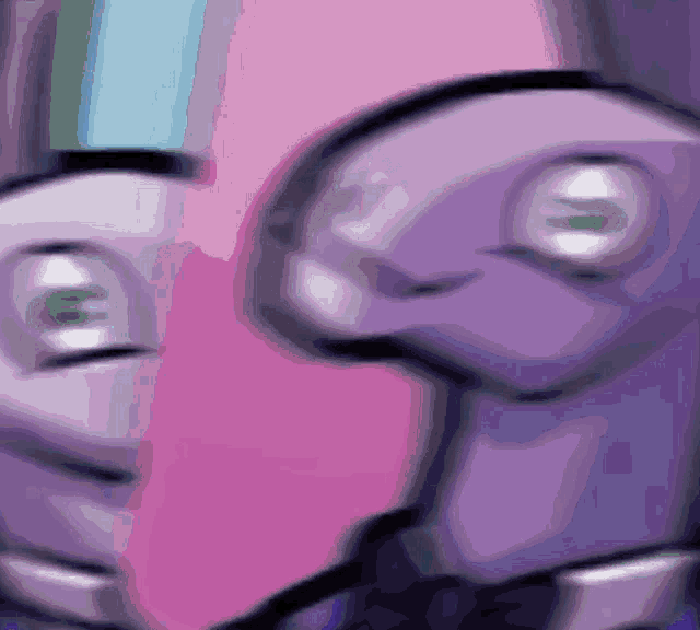 a close up of a cartoon character with a purple background
