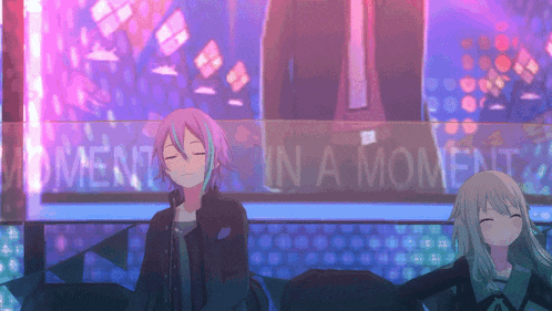 a couple of anime characters sitting in front of a sign that says " moment in a moment "