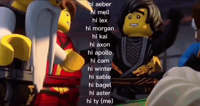 a group of lego ninjago characters standing next to each other with a list of their names